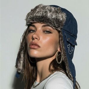 True Religion Trapper Hat Dark Blue Cotton Faux Fur Horseshoe Pockets Chin Strap